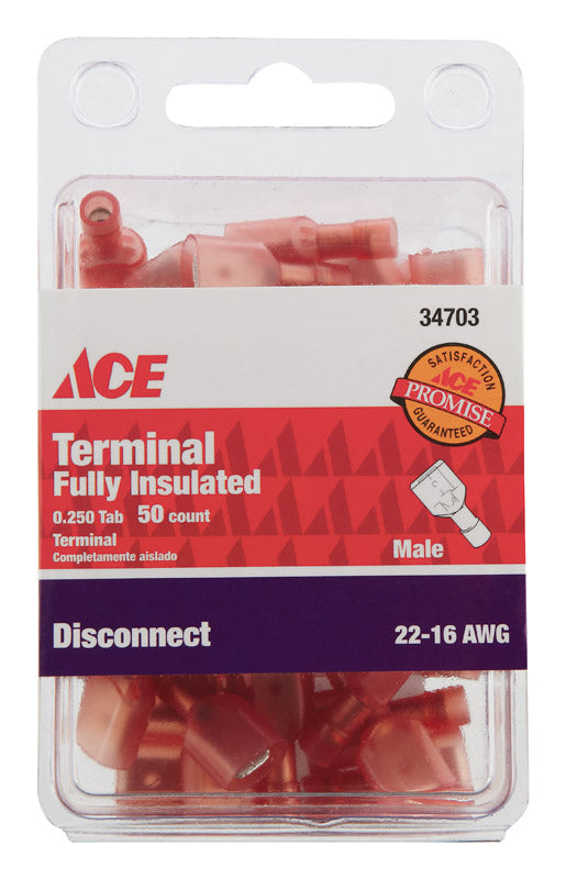 Ace Insulated Wire Male Disconnect Red 50 pk