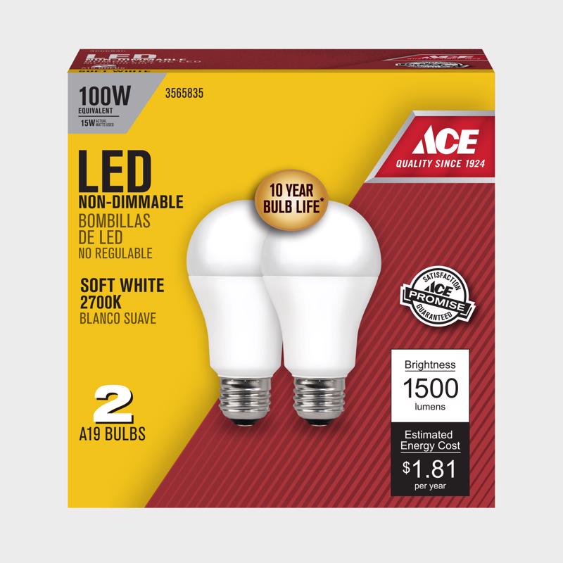 Ace A19 E26 (Medium) LED Bulb Soft White 100 Watt Equivalence 2 pk