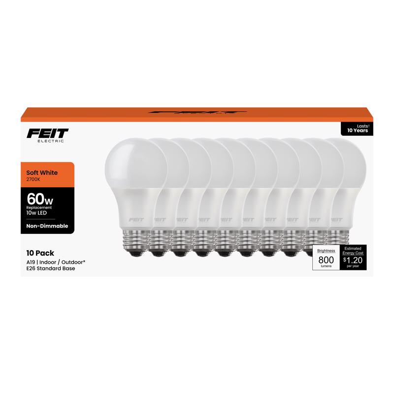 Feit A19 E26 (Medium) LED Bulb Soft White 60 Watt Equivalence 10 pk