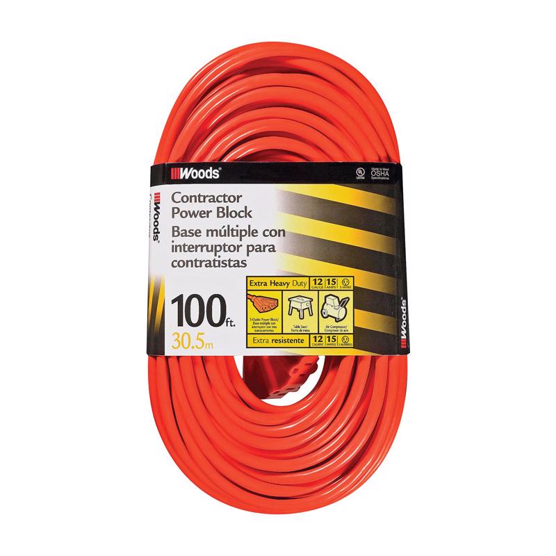 Woods Indoor or Outdoor 100 ft. L Orange Extension Cord 12/3
