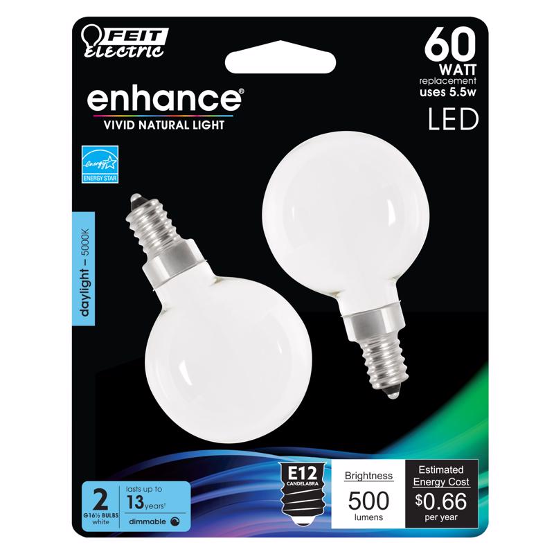 Feit Enhance G16.5 E12 (Candelabra) Filament LED Bulb Daylight 60 Watt Equivalence 2 pk