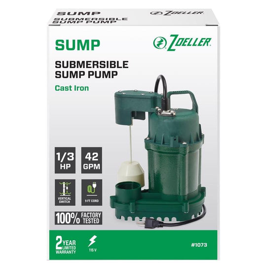 Zoeller 1/3 HP 2520 gph Cast Iron Vertical Float Switch AC Submersible Sump Pump 9 ftÂ³