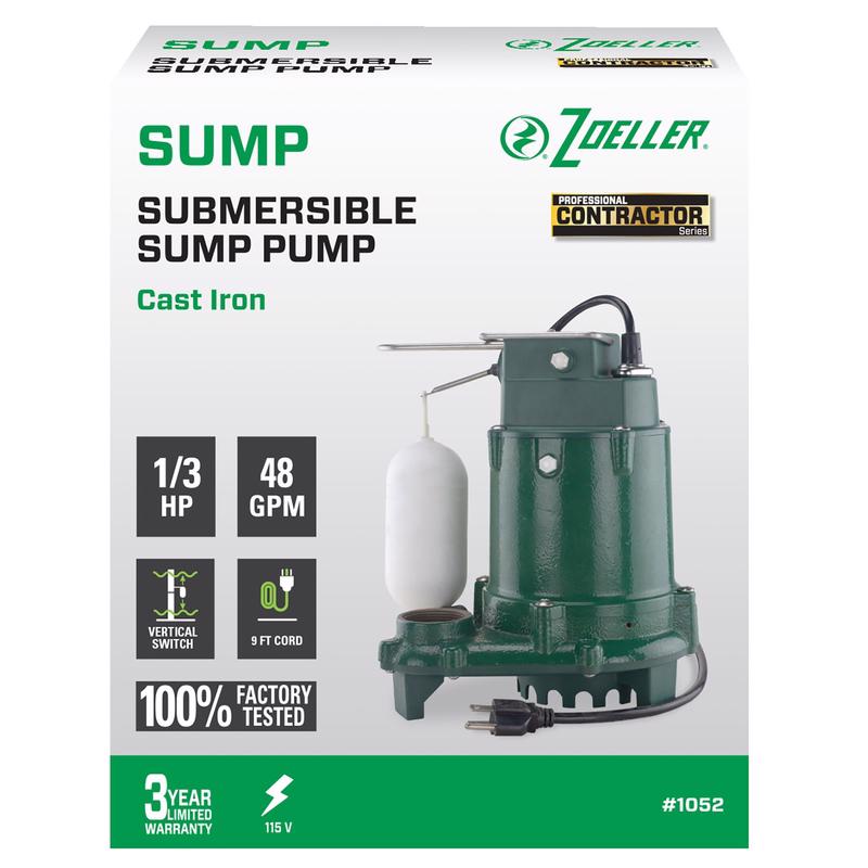 Zoeller 1/3 HP 2880 gph Cast Iron Vertical Float Switch AC Submersible Sump Pump 9 ftÂ³