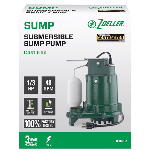Zoeller 1/3 HP 2880 gph Cast Iron Vertical Float Switch AC Submersible Sump Pump 9 ftÂ³