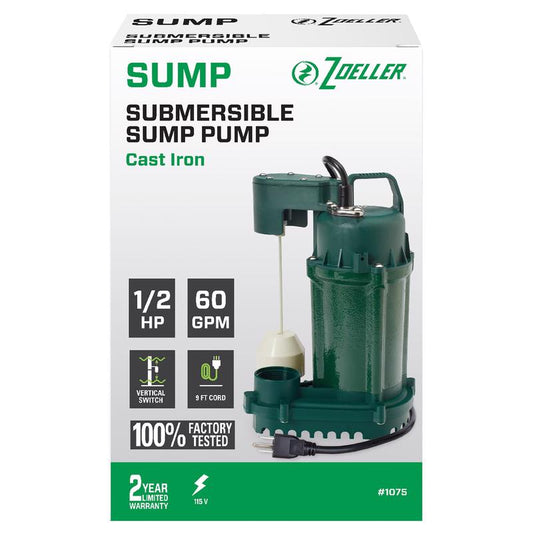 Zoeller 1/2 HP 3600 gph Cast Iron Vertical Float Switch AC Submersible Sump Pump 9 ftÂ³