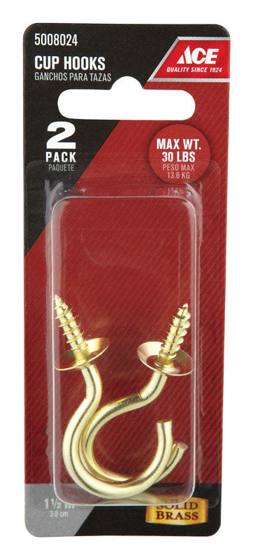 Ace Small Bright Brass Brass 2.0625 in. L Cup Hook 30 lb 1 pk