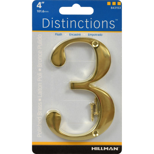 HILLMAN Distinctions 4 in. Gold Zinc Die-Cast Screw-On Number 3 1 pc