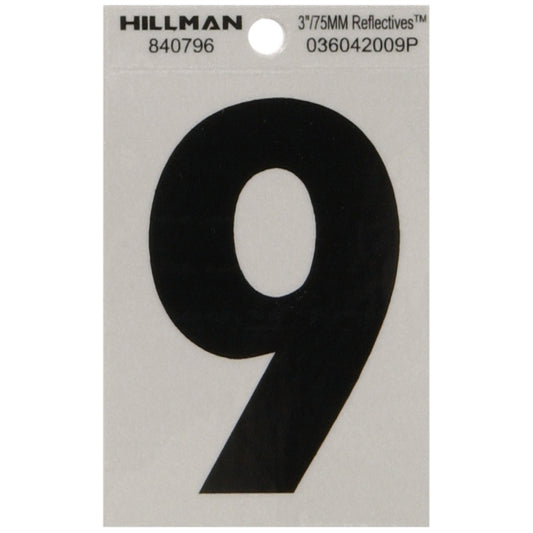 HILLMAN 3 in. Reflective Black Vinyl Self-Adhesive Number 9 1 pc