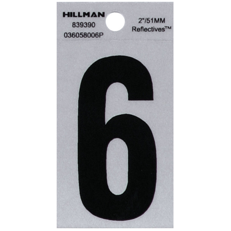 HILLMAN 2 in. Reflective Black VinylÂ  Self-Adhesive Number 6 1 pc