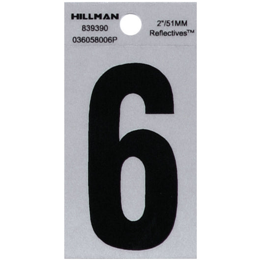 HILLMAN 2 in. Reflective Black VinylÂ  Self-Adhesive Number 6 1 pc