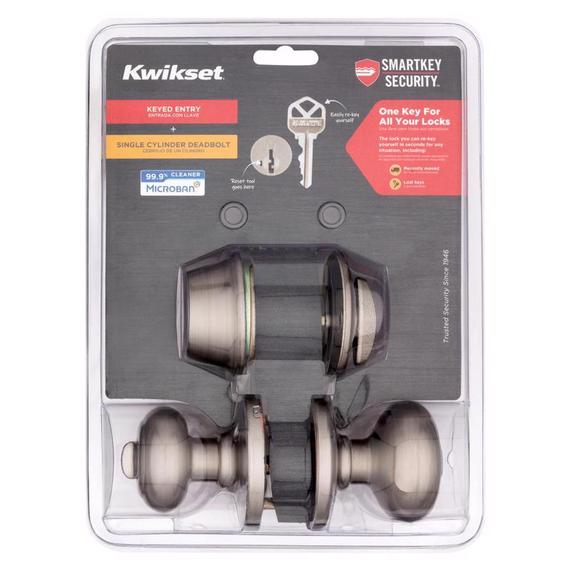 Kwikset SmartKey Security Cove Satin Nickel Deadbolt and Entry Door Knob KW1 1-3/4 in.