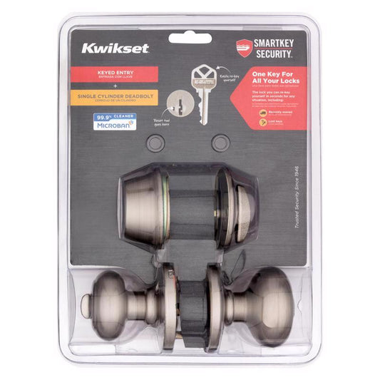 Kwikset SmartKey Security Cove Satin Nickel Deadbolt and Entry Door Knob KW1 1-3/4 in.