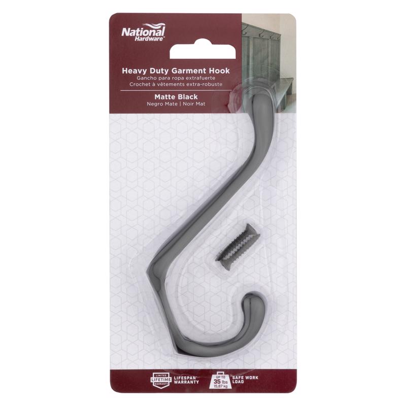 National Hardware Medium Matte Black Metal 3.30 in. L Heavy Duty Garment Hook 35 lb 1 pk