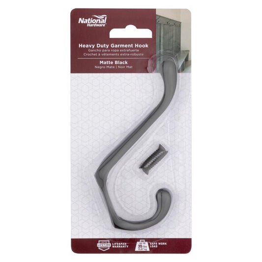 National Hardware Medium Matte Black Metal 3.30 in. L Heavy Duty Garment Hook 35 lb 1 pk