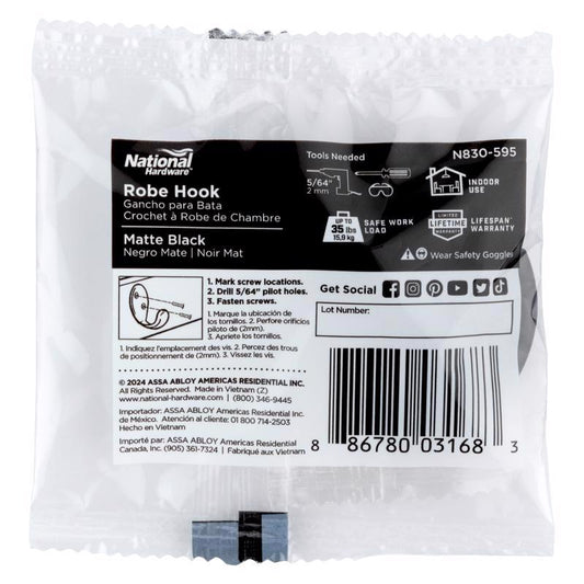 National Hardware Medium Matte Black Metal 3.94 in. L Rope/Tarp Hook 35 lb 1 pk