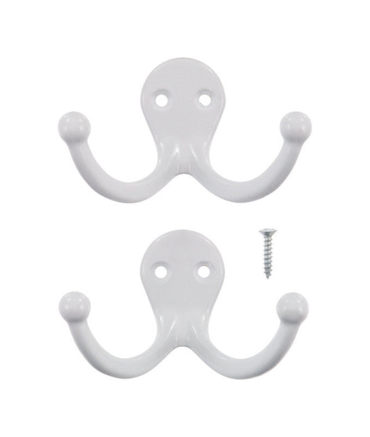 Ace 1-3/4 in. L Painted White Metal Small Double Garment Hook 2 pk