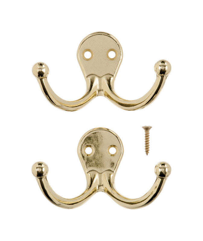 Ace 1-3/4 in. L Bright Brass Yellow Brass Small Double Garment Hook 2 pk
