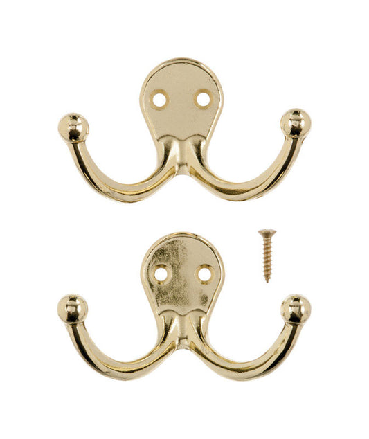 Ace 1-3/4 in. L Bright Brass Yellow Brass Small Double Garment Hook 2 pk