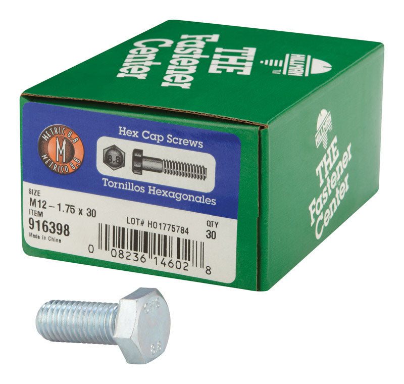 HILLMAN M12-1.75 mm D X 30 mm L Heat Treated Steel Hex Head Cap Screw 30 pk