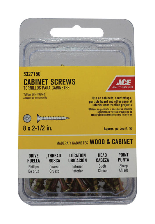 Ace No. 8 X 2-1/2 in. L Phillips Yellow Zinc Coarse Cabinet Screws 50 pk