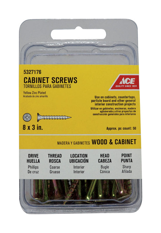 Ace No. 8 X 3 in. L Phillips Yellow Zinc Coarse Cabinet Screws 50 pk
