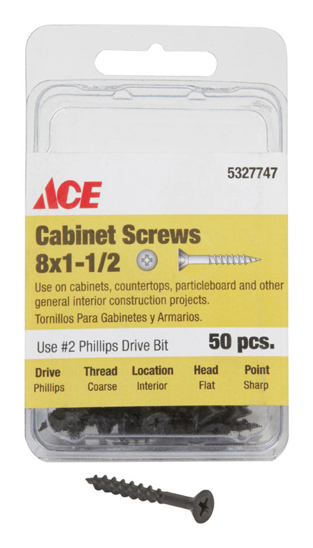Ace No. 8 X 1-1/2 in. L Phillips Black Phosphate Fine Cabinet Screws 50 pk