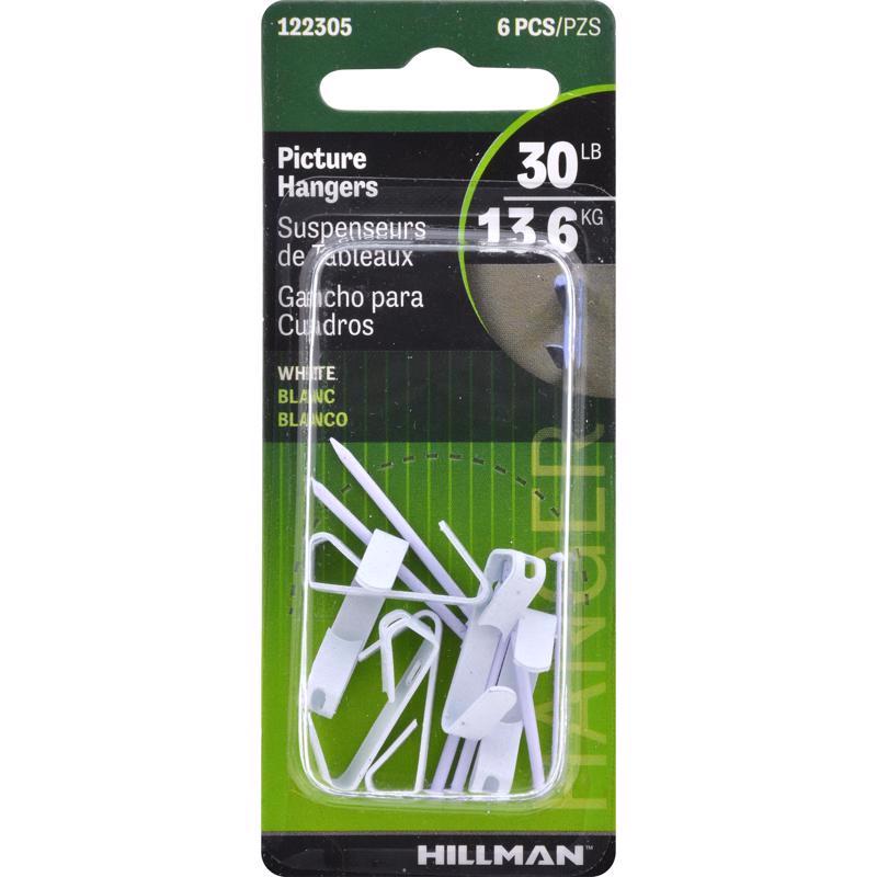 HILLMAN Steel-Plated White Conventional Picture Hanger 30 lb 6 pk
