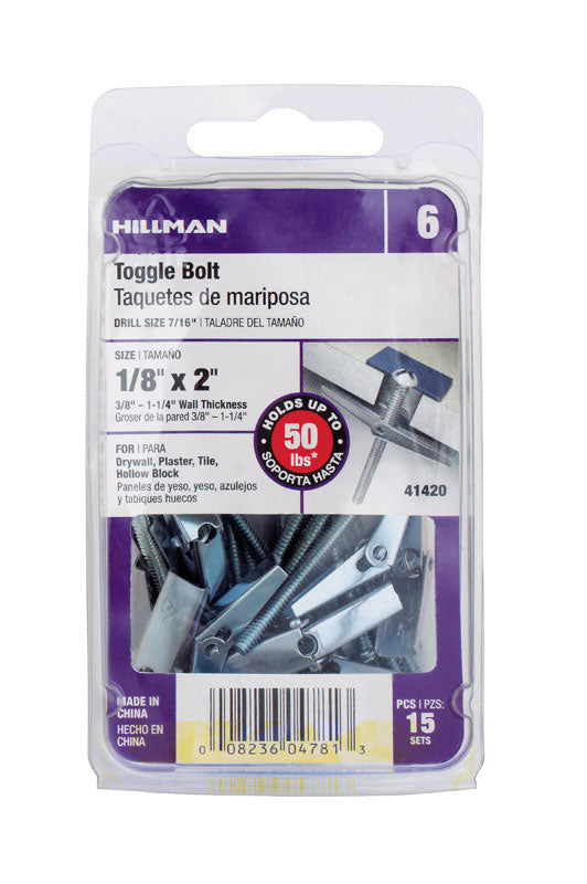 HILLMAN 1/8 in. D X 2 in. L Round Zinc-Plated Steel Toggle Bolt 15 pk