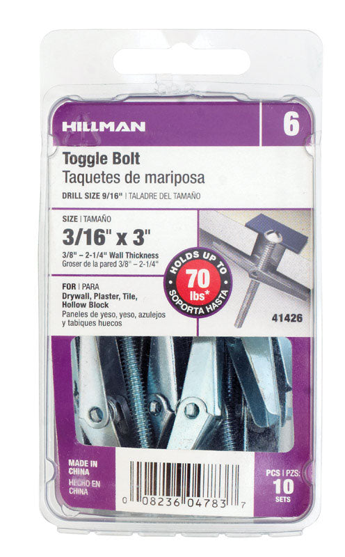 HILLMAN 3/16 in. D X 3 in. L Round Zinc-Plated Steel Toggle Bolt 10 pk