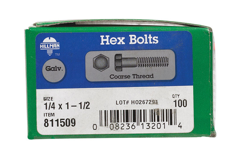 HILLMAN 1/4 in. D X 1-1/2 in. L Hot Dipped Galvanized Steel Hex Bolt 100 pk