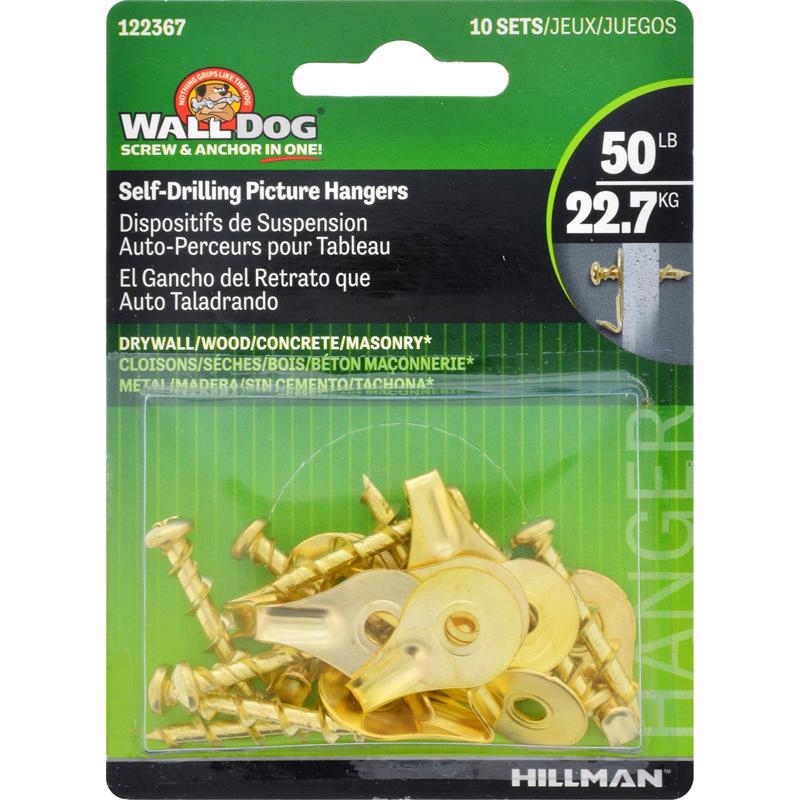 HILLMAN WALL DOG Brass-Plated Gold Self-Drilling Picture Hanger 50 lb 10 pk