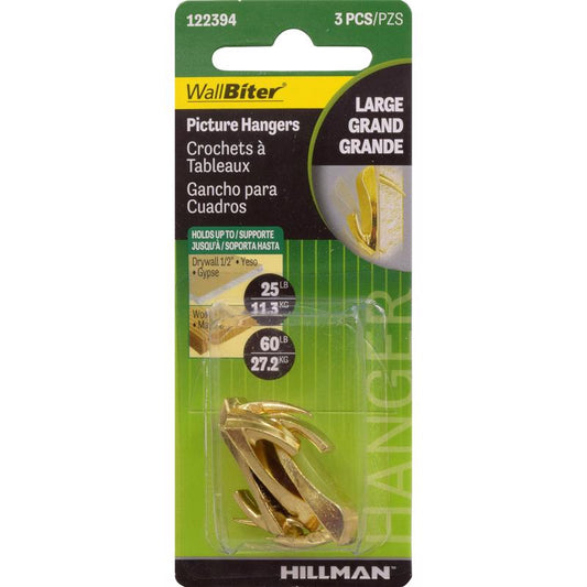 HILLMAN WallBiter Brass-Plated Gold Large Picture Hook 60 lb 3 pk