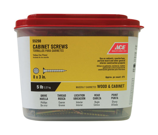 Ace No. 8 X 3 in. L Phillips Yellow Zinc Coarse Cabinet Screws 475 pk