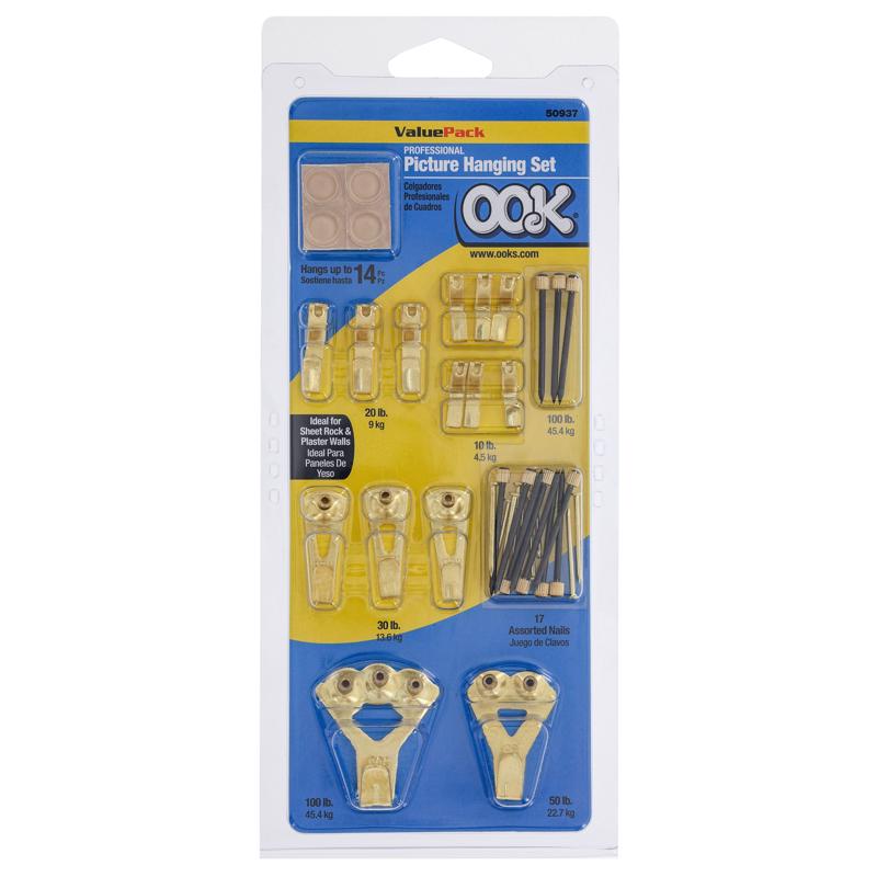 HILLMAN OOK Brass-Plated Hanger Picture Hanging Kit 100 lb 14 pk