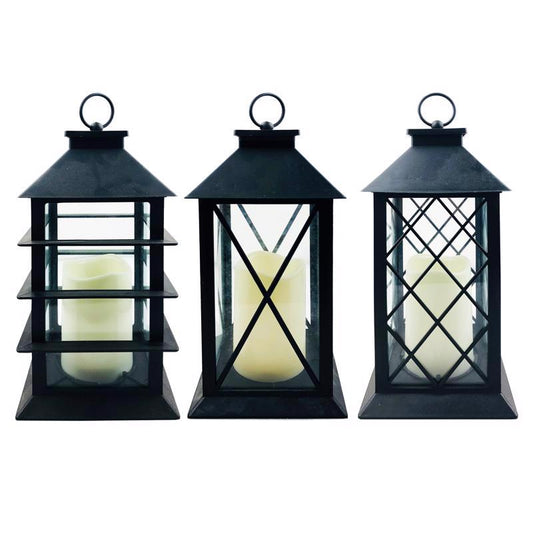 Alpine 11 in. Glass/Plastic Black/White LED Candle Lantern