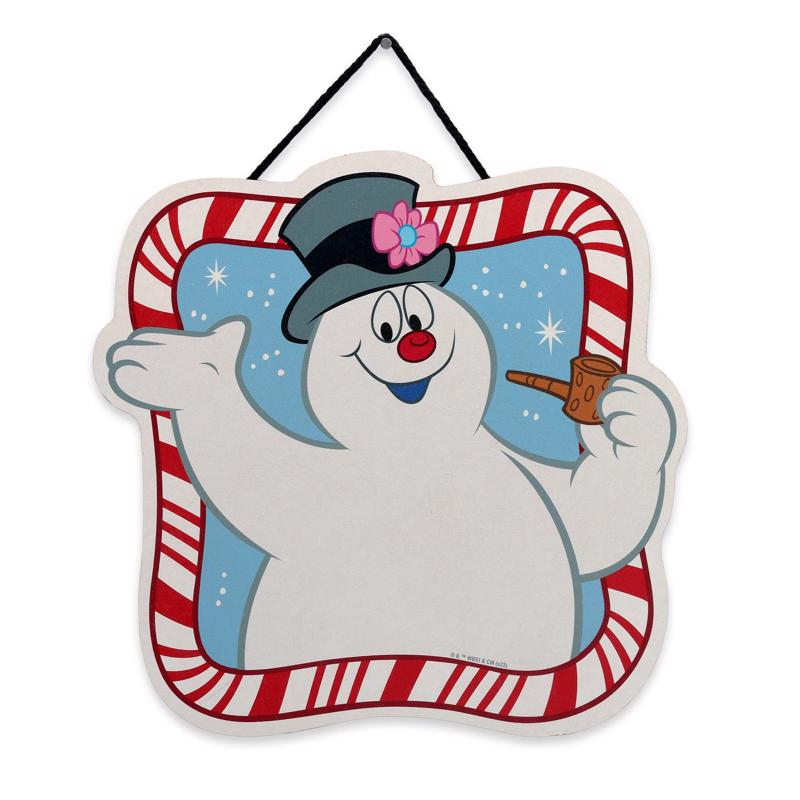 Open Road Brands Frosty The Snowman Candy Cane Striped Christmas Hanging Sign MDF Wood 1 pk
