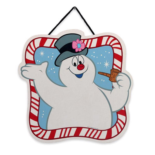 Open Road Brands Frosty The Snowman Candy Cane Striped Christmas Hanging Sign MDF Wood 1 pk