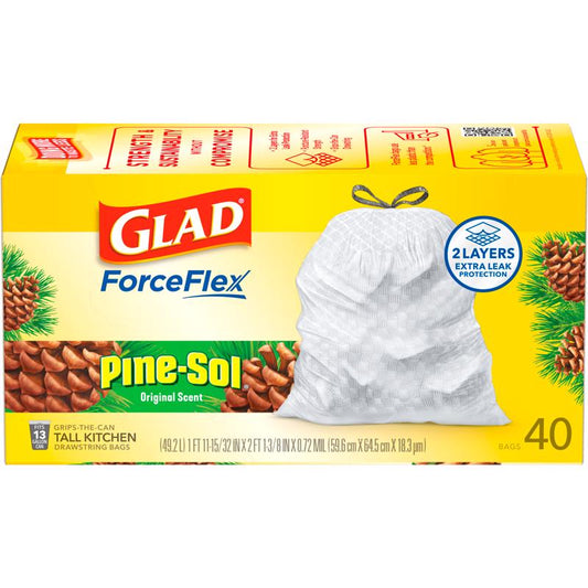 Glad ForceFlex 13 gal Pine Kitchen Trash Bags Drawstring 40 pk