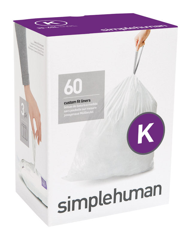 Simplehuman Custom Fit Code K 12 gal Trash Can Liners Drawstring 60 pk