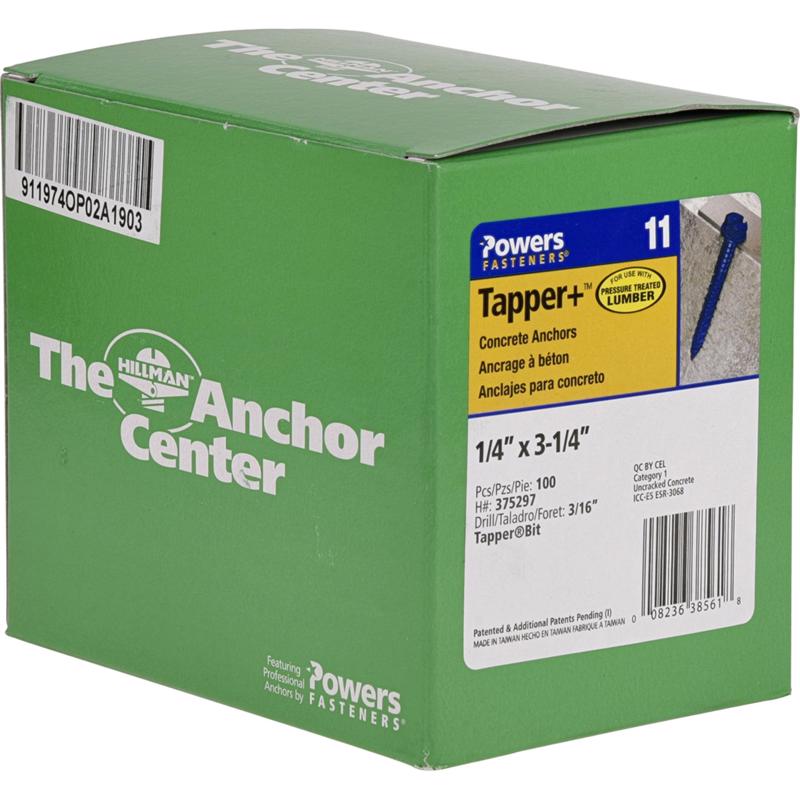 HILLMAN Tapper 1/4 in. D X 3.25 in. L Steel Hex Head Concrete Screw Anchor 100 pk