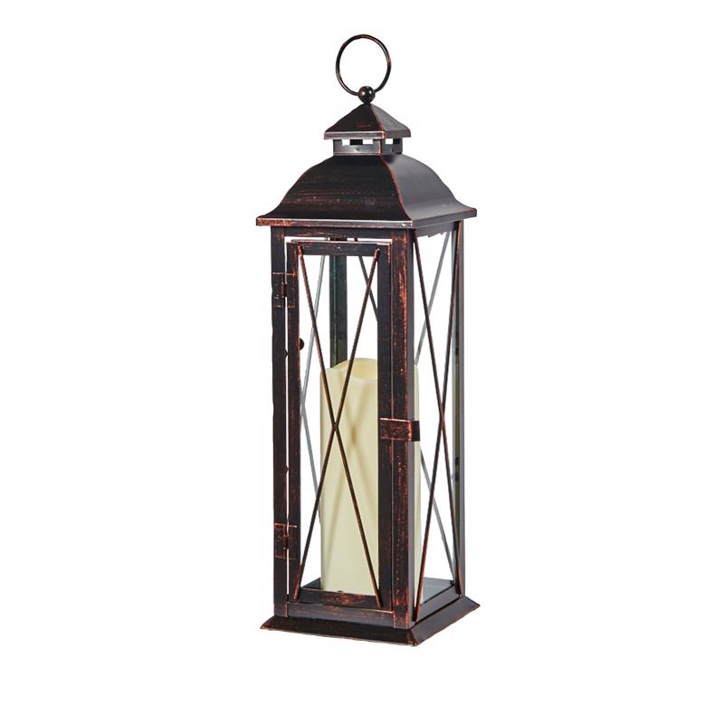 Smart Living 16 in. Glass/Metal Siena Bronze LED Candle Lantern