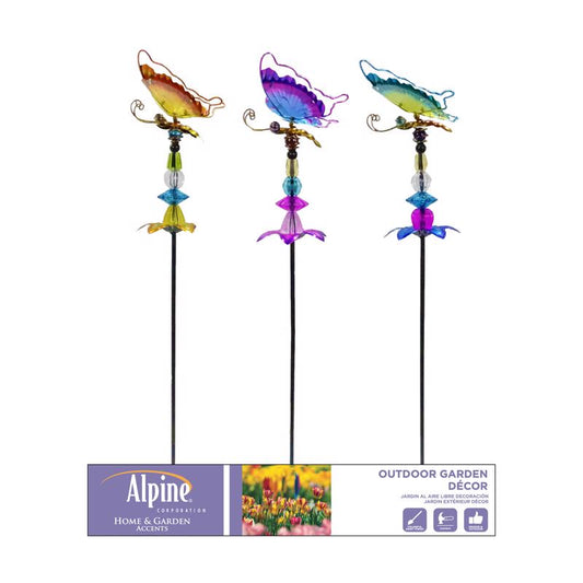 Alpine Multicolored Glass/Metal 36 in. H X 6 in. L X 6 in. W Butterfly/Flower/Jewels Outdoor Garden