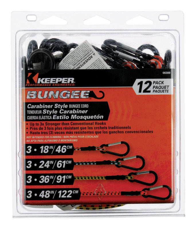 Keeper Assorted Carabiner Style Bungee Cord 18 in. L X 0.315 in. 12 pk