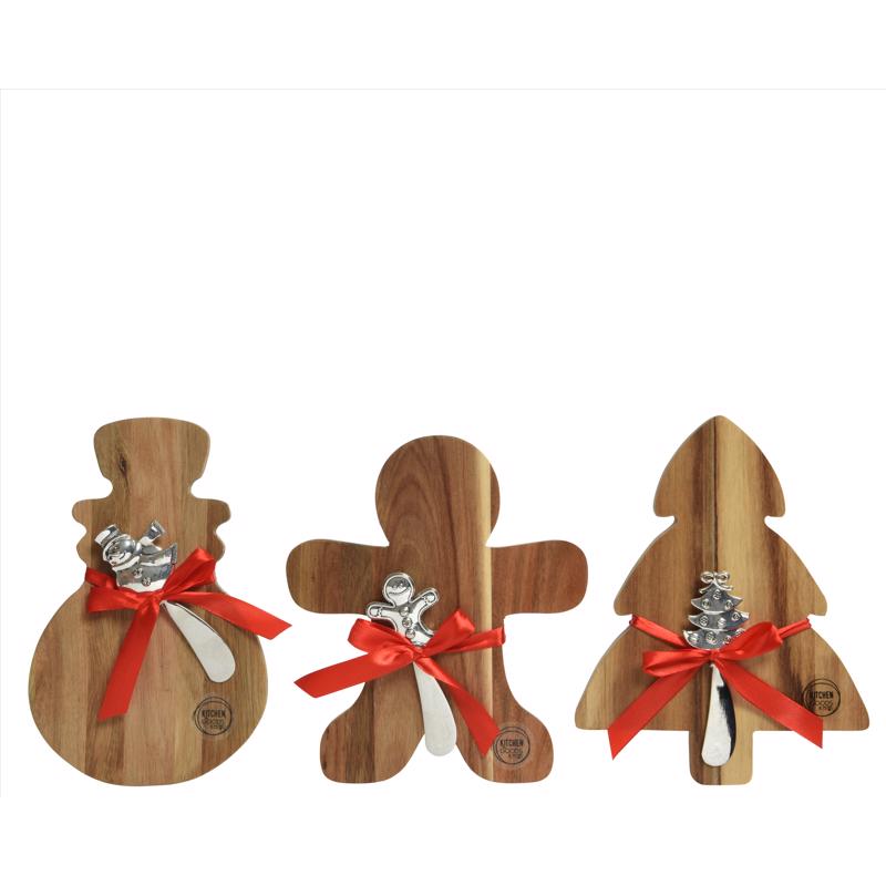 KitchenGoods Red Gingerbread Man/Snowman/Tree Acacia Cheese Boards 8.5 in.