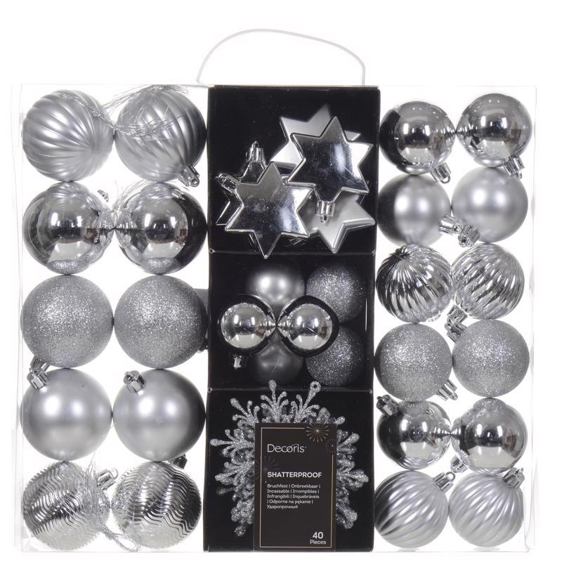Decoris Silver Assorted Shatterproof Ornaments 2 in.