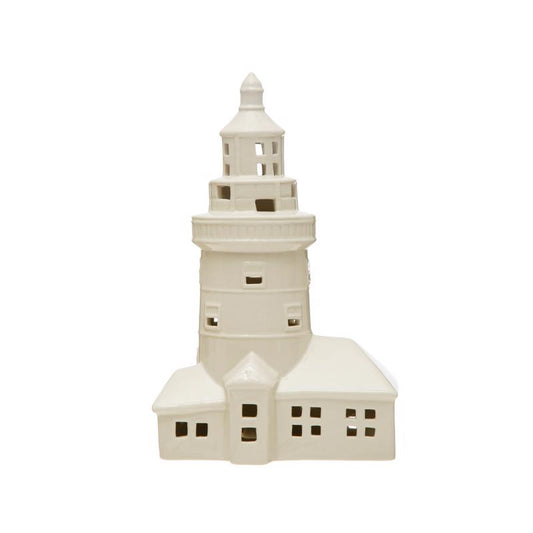 Creative Co-Op White Sandy Little Christmas Lighthouse Table Decor 10 in.