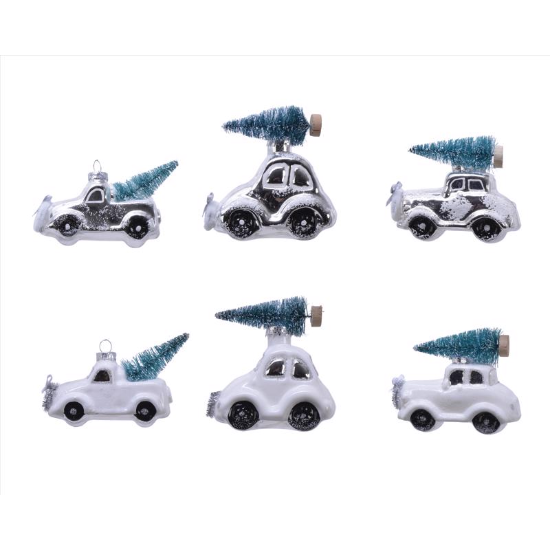 Decoris White/ Blue Car with Tree Ornament 4 in.