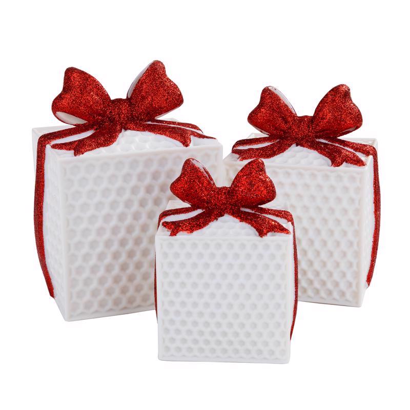 Lin-Con Marketing Omega Bright Designs LED White with Red Bows Gift Box Table Decor 6 in.