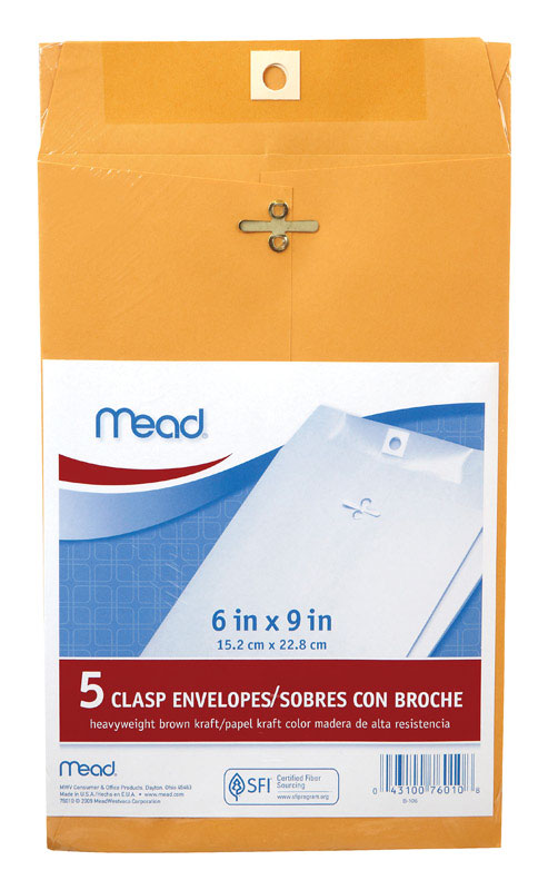 Mead 6 in. W X 9 in. L A10 Brown Envelopes 5 pk