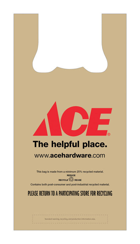 Ace Logo Recycled Plastic Brown T-Shirt Bag 1000 pk 23 in. H X 7 in. W X 12 in. L Ace The Helpful Pl